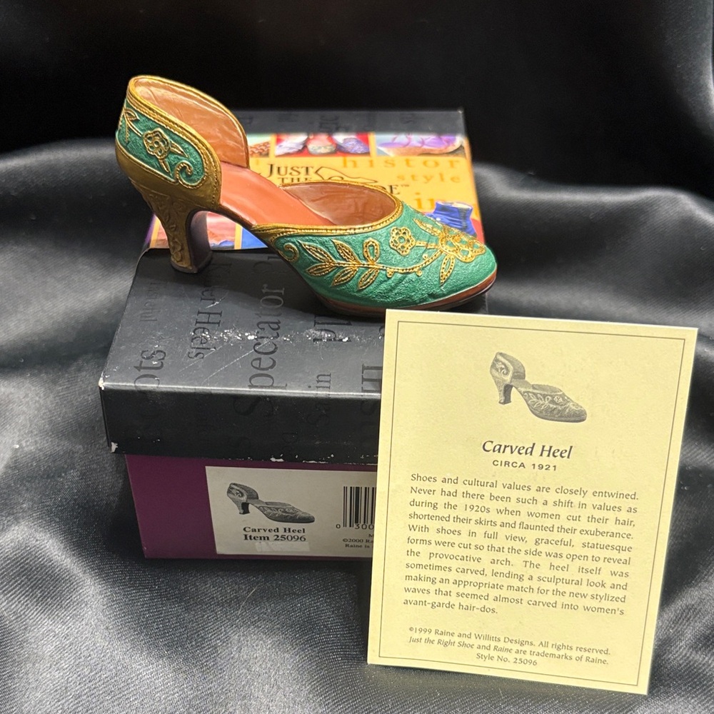Just The Right Shoe Teal and Gold Carved Heel. Box and COA